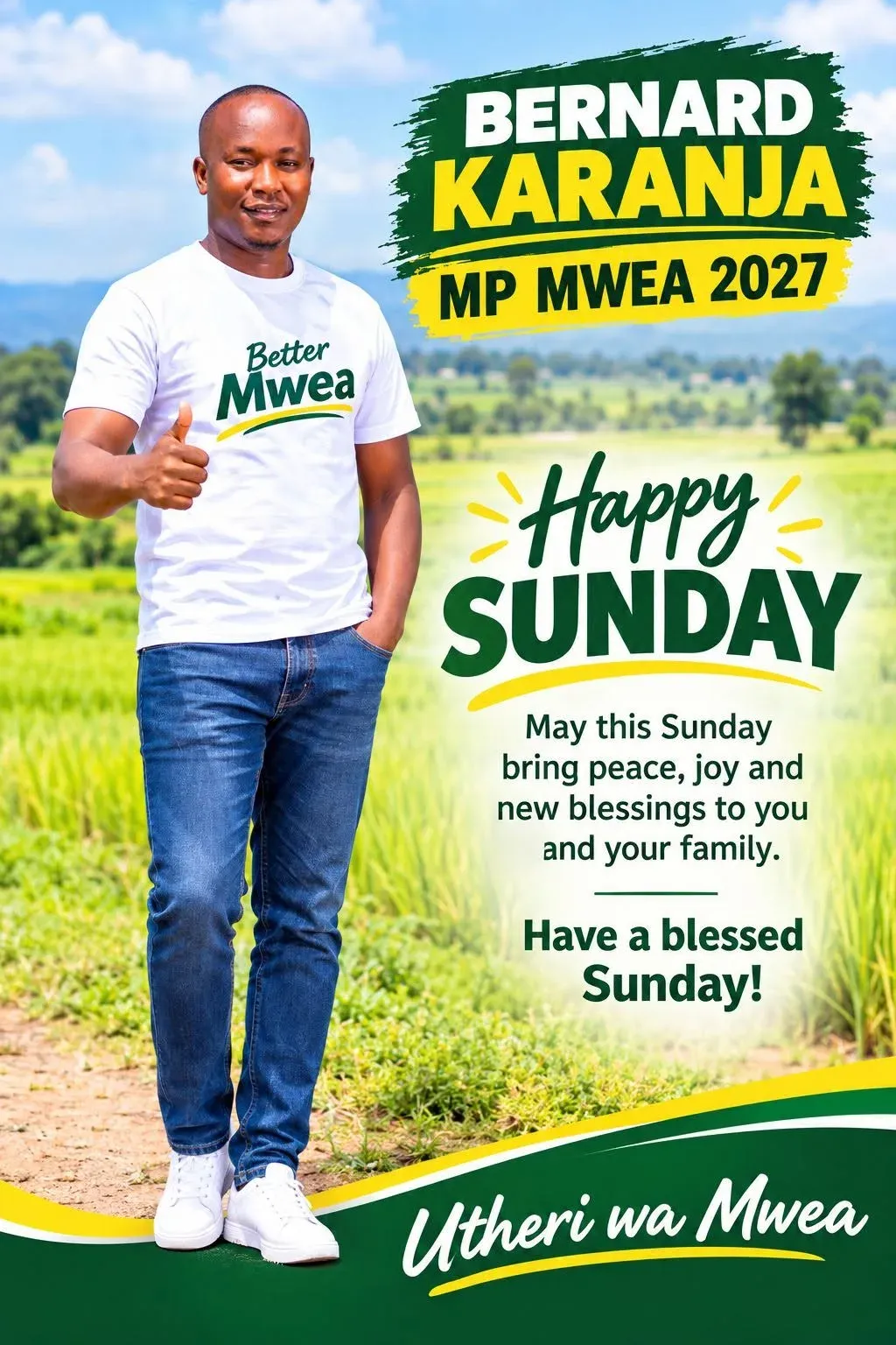 Poster: Happy Sunday, Bernard Karanja in a Better Mwea t-shirt in a rice field