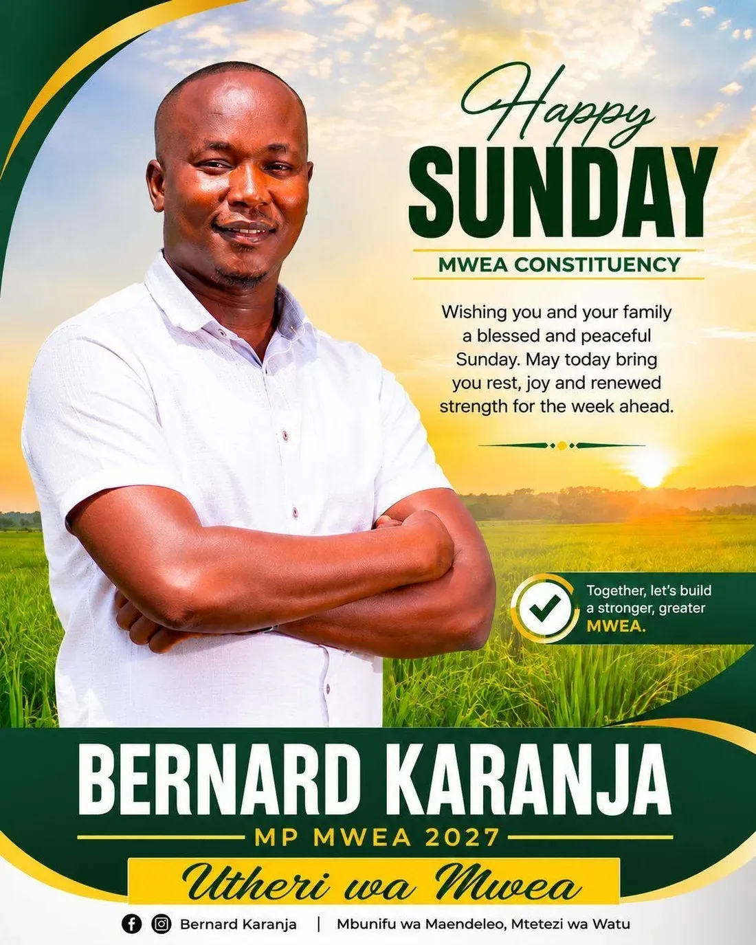 Poster: Happy Sunday, Mwea Constituency, Bernard Karanja MP Mwea 2027